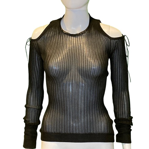 NWT Cecilie Bahnsen Black Cold Shoulder Stretch Ribbed Knit Tie Back Top-Sz XS/S - Picture 8 of 13